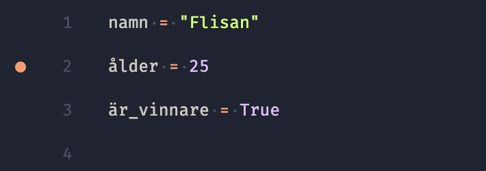 Brytpunkt utsatt på rad 2 i VS Code, bredvid raden där ålder tilldelas.