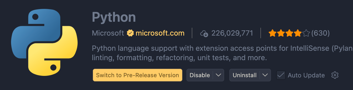 Python-tillägget i VS Code Extensions-panelen.
