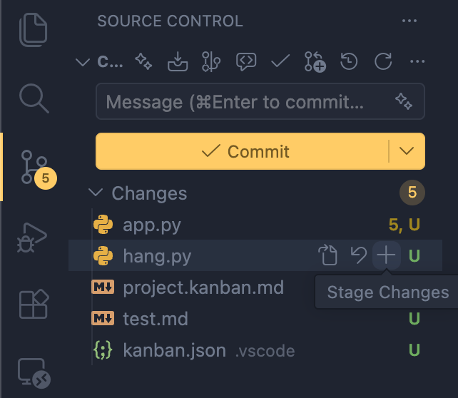 Staging av filer i VS Code Source Control.