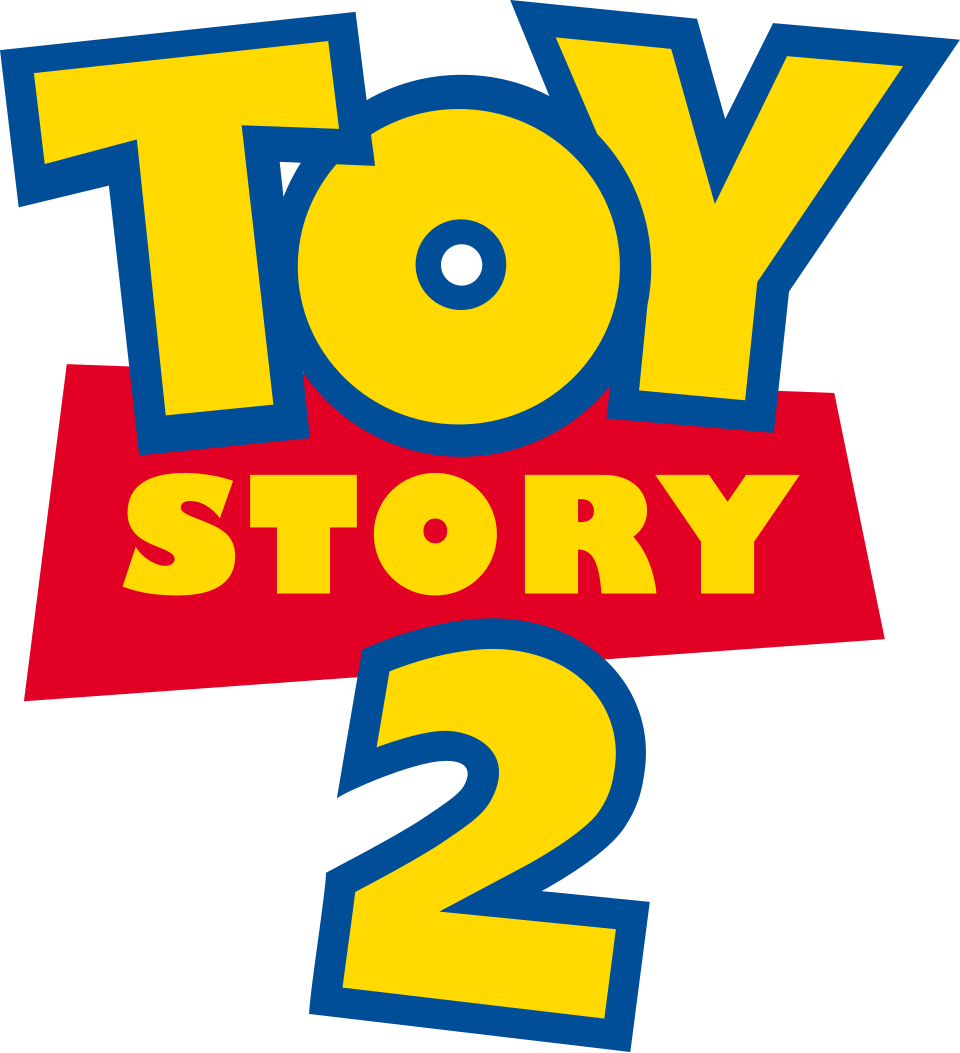 Logotypen för filmen Toy Story 2: gula bokstäver med blå kontur, ordet Story i gult mot ett rött fält, och en stor tvåa under.